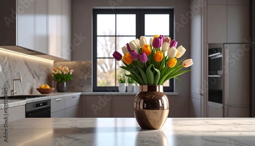 Sunlit kitchen counter displays a bronze vase of multicolored tulips near a window