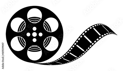 Black film reel with unwinding strip movie cinema