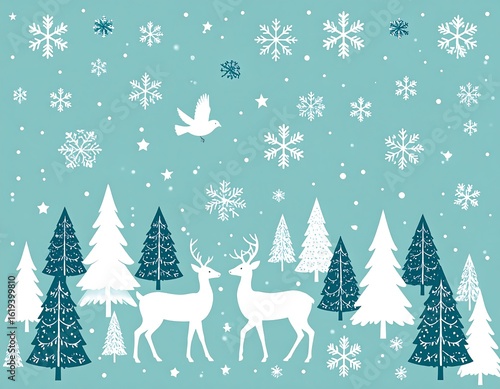 Winter forest scene with deer and snowflakes