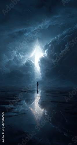 Solitary figure walks toward light piercing stormy clouds, reflected in still water; hope, faith concept