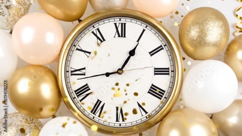 Golden clock surrounded by balloons and confetti