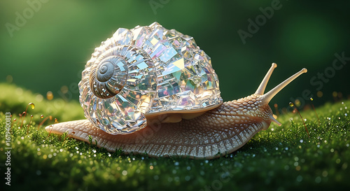Sparkling Diamond Shell Snail Crawling on Lush Green Moss