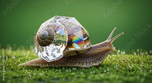 Fantasy Snail with Jewel-like Crystal Shell on Green Grass