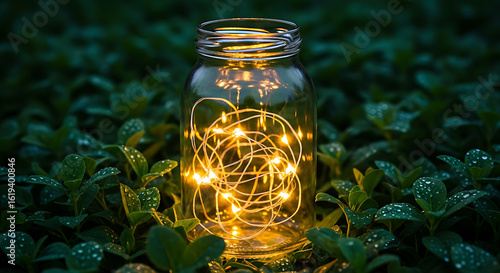 Warm fairy lights glowing inside a glass jar, nestled among lush green foliage, creating a magical, eco-friendly ambiance in nature.