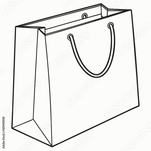 Simple black and white line art illustration of a paper shopping bag with handles