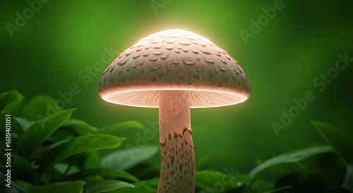 Magical Glowing Mushroom Against Vibrant Green Background
