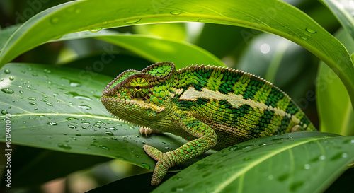 Vibrant Green Chameleon on Wet Tropical Leaves with Water Droplets, Blending into its Natural Habitat