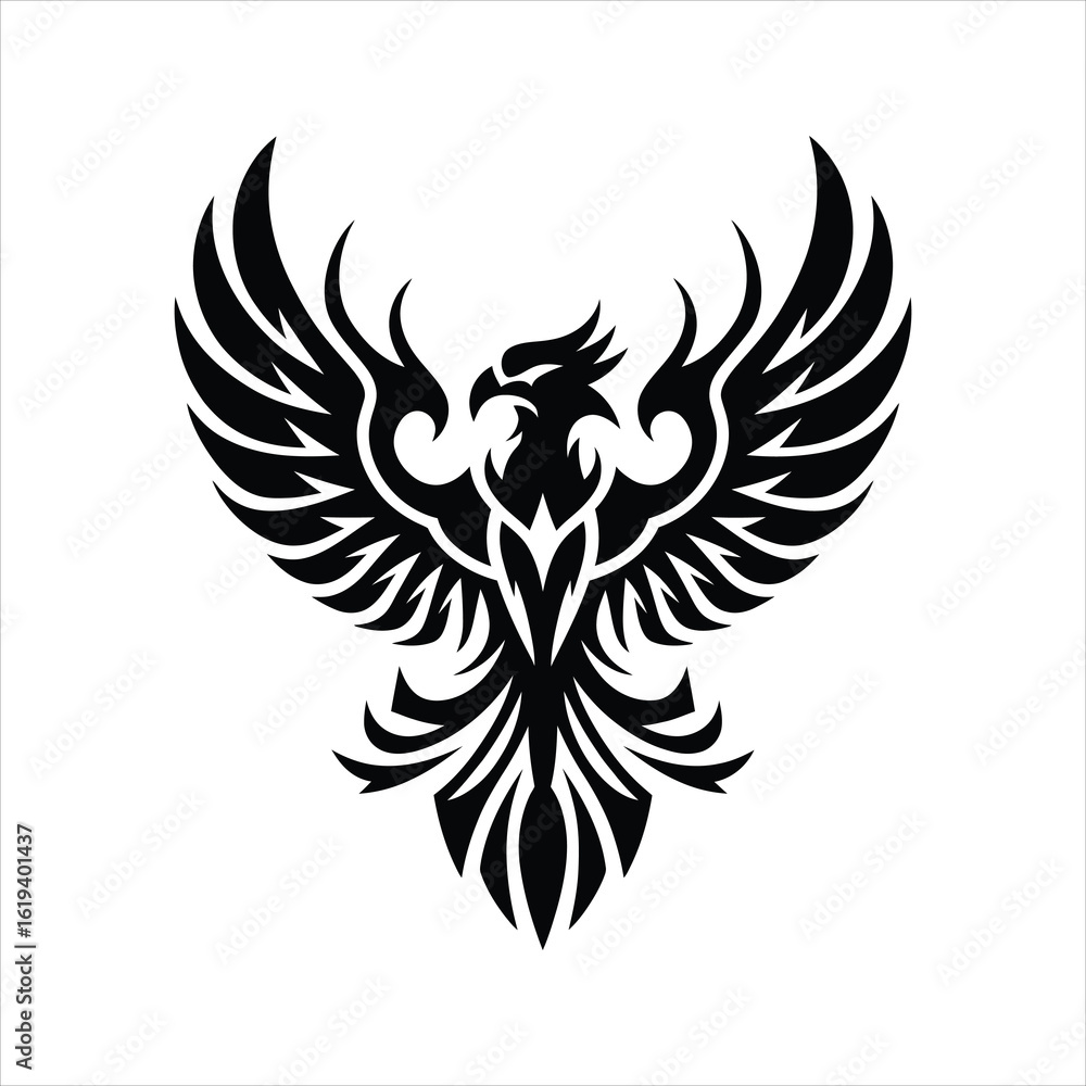 Obraz premium Flying Eagle Silhouette Vector – Tribal Bird Emblem with Spread Wings 