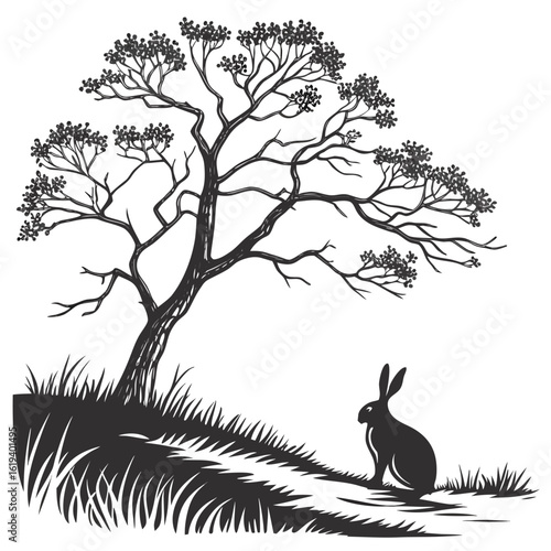 Silhouette of a stylized tree with a rabbit sitting on a grassy hill
