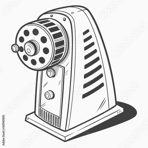 Vintage manual pencil sharpener with rotary dial and crank isolated on white background in a clean line art style
