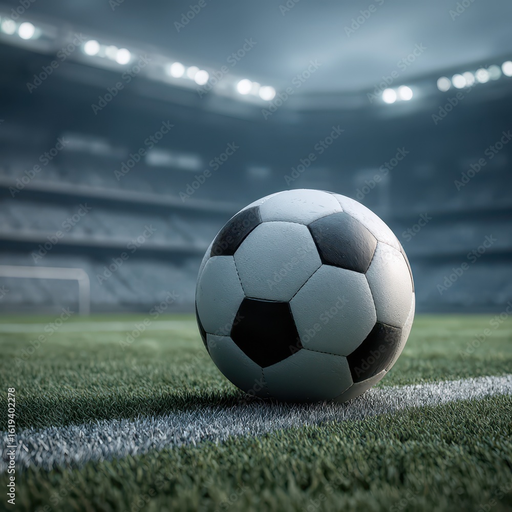 Obraz premium Soccer ball on field in stadium with blurred background for sports events or ads