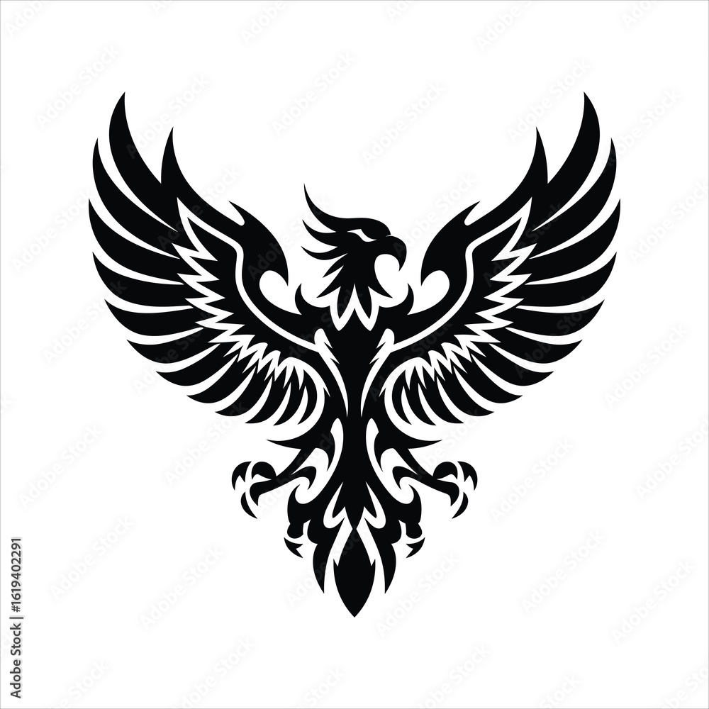 Fototapeta premium Flying Eagle Silhouette Vector – Tribal Bird Emblem with Spread Wings