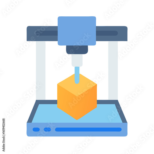 3D printer creating a cube in flat vector design