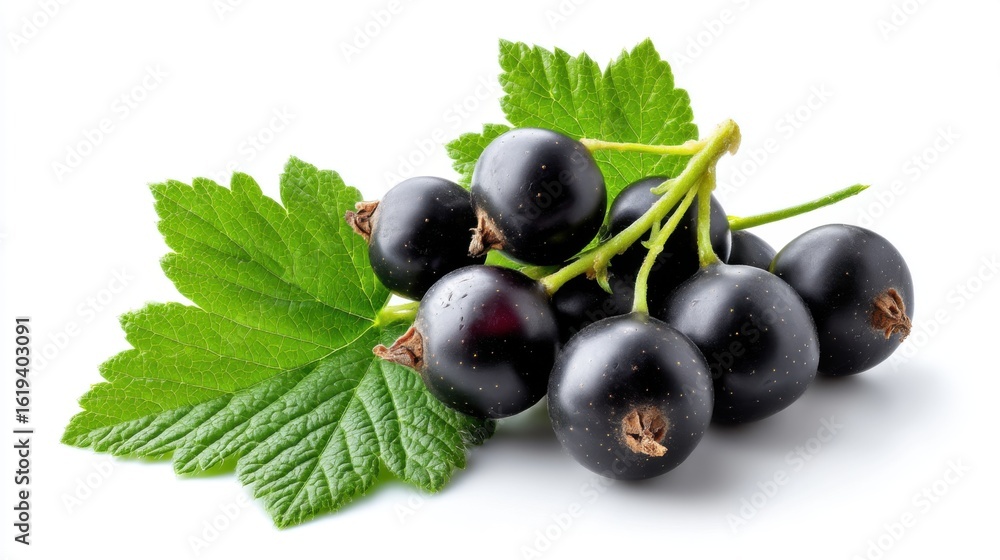 Fresh black currant berries with green leaves isolated on white, perfect for summer fruit promotions Fresh black currant berries with green leaves isolated on white, perfect for summer fruit promotions