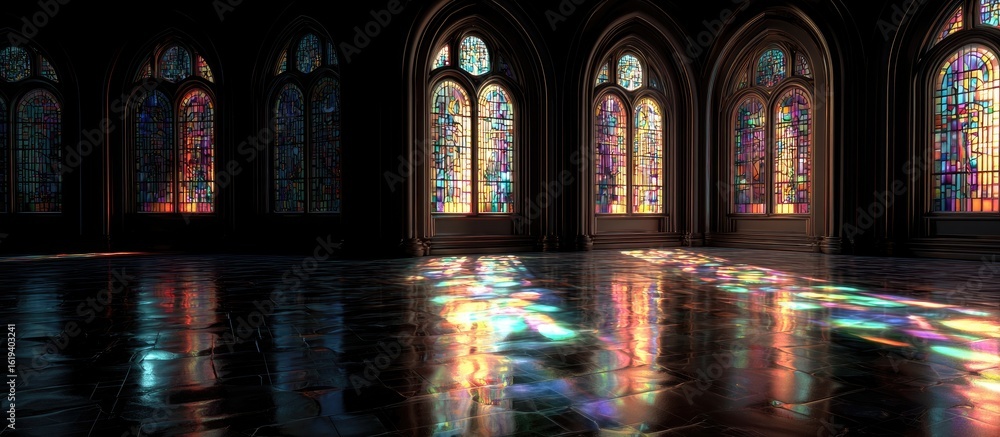 Obraz premium Gothic hall's stained glass reflects sunlight, creating vibrant patterns on the polished floor. Background use