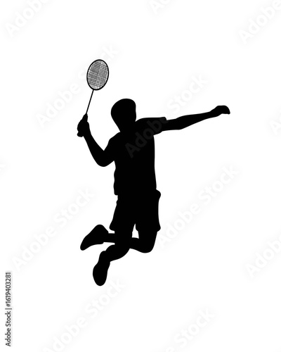 badminton player jumping smash silhouette isolated in black
