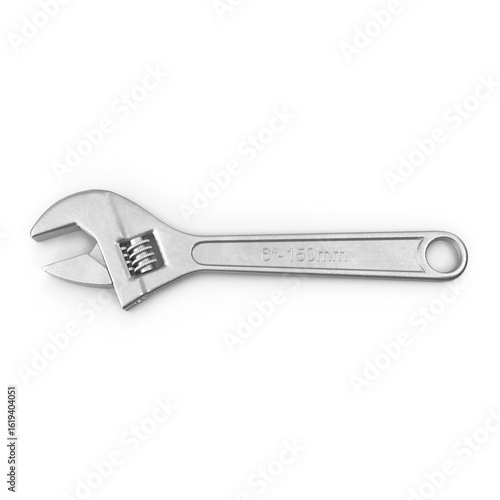 Angled adjustable metal wrench isolated on transparent background