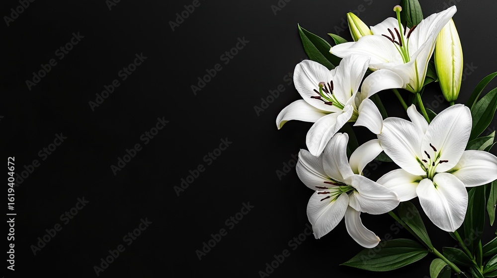 Obraz premium Elegant White Lilies with Green Leaves on a Dark Background for Floral Designs and Home Decor