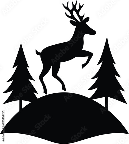 Reindeer Jumping with Starry Tree Vector Silhouette