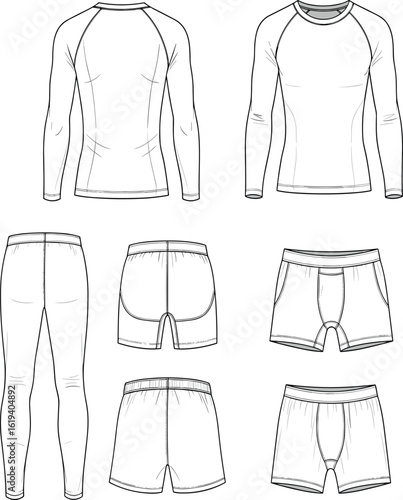 Men’s athletic wear illustration, compression shirt, leggings, shorts design, technical fitness apparel, front back view, workout clothing sketch