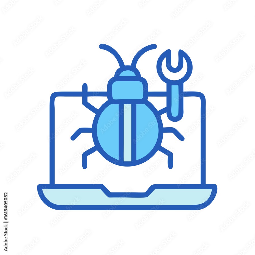 Fototapeta premium Bug fixing on laptop with wrench icon illustration