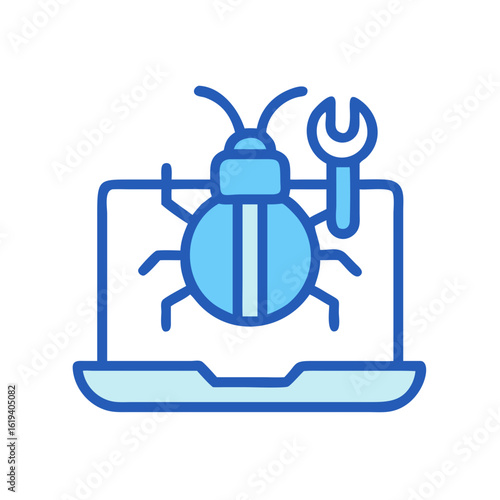Bug fixing on laptop with wrench icon illustration