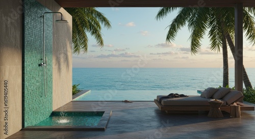 Luxurious outdoor shower and pool deck overlooking ocean