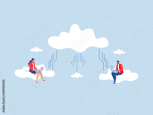 People businessman and woman office employees working with computer laptop on swing suspend on cloud computing, remote work on company cloud infrastructure