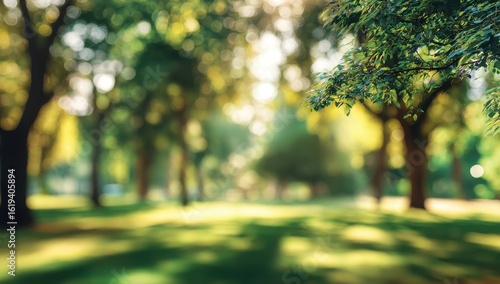 Sunny park, blurred trees and grass