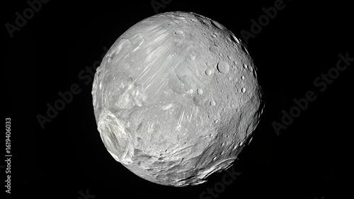This image provides a striking view of Miranda, the innermost and smallest of Uranus's five large, spherical moons.