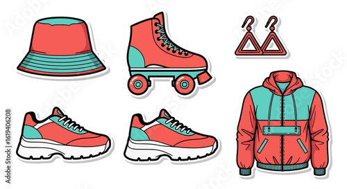 A collection of trendy, outlined, coral and teal fashion items, including a bucket hat, roller skates, earrings, and sporty shoes.