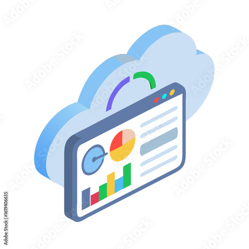 Cloud computing analytics dashboard shows data visualization and performance