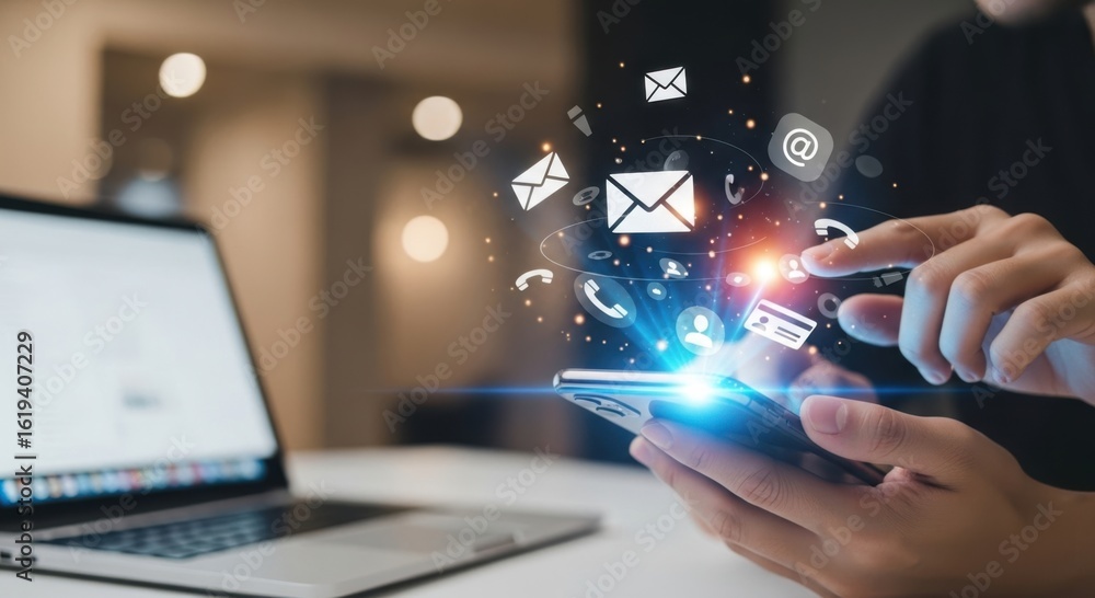 Fototapeta premium Modern technology and digital communication icons floating above a smartphone