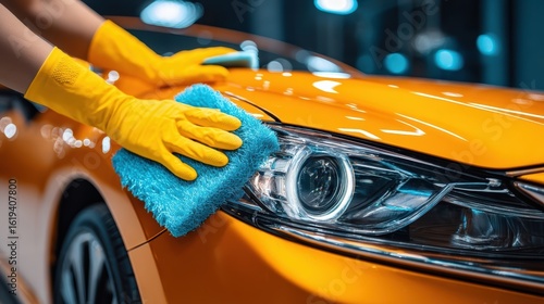 Wallpaper Mural A person wearing yellow gloves is cleaning the headlight of an orange car with a blue microfiber cloth Torontodigital.ca