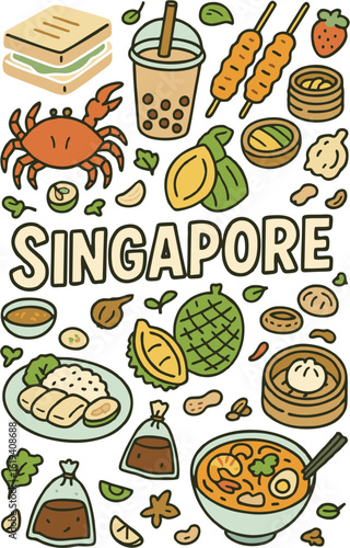 Singapore Food Snacks Doodle style Vector EPS