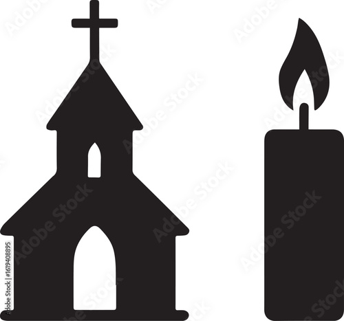 Church building with cross and lit candle flame