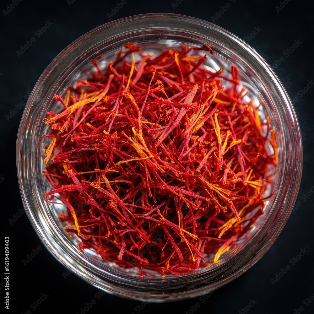 Fototapeta premium Saffron threads inside glass jar on dark surface, use as spice or cooking ingredient