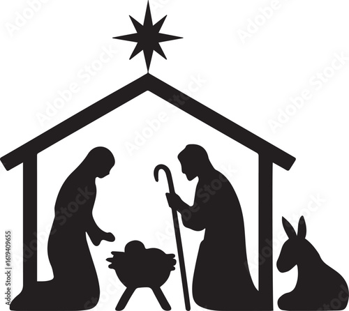Nativity scene with star donkey and figures vector