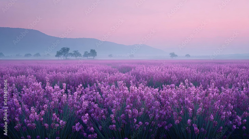 Obraz premium Lavender Field Blooming at Sunset with Warm Light and Mountain View