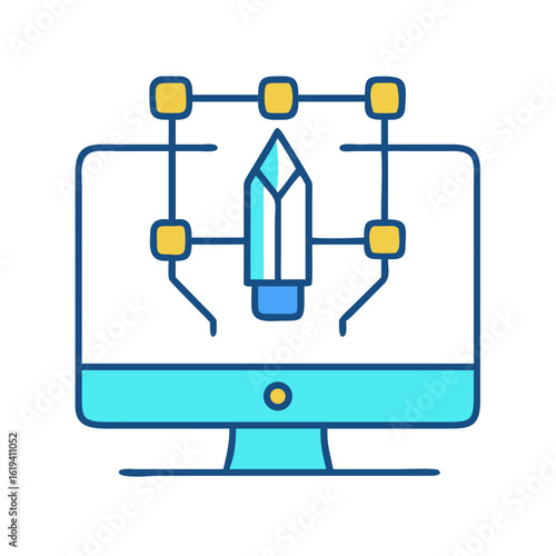 Digital design process displayed on computer with interconnected elements