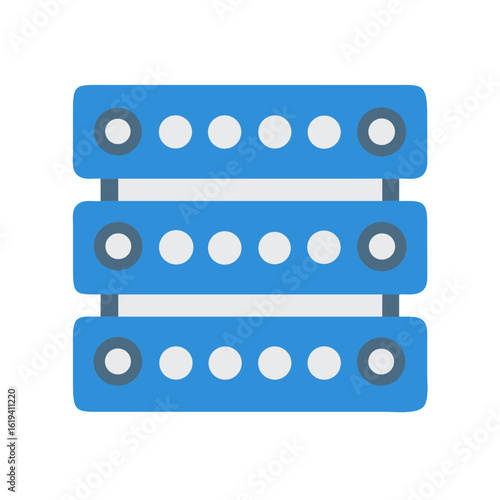 Server rack illustration with blue shelves on black background