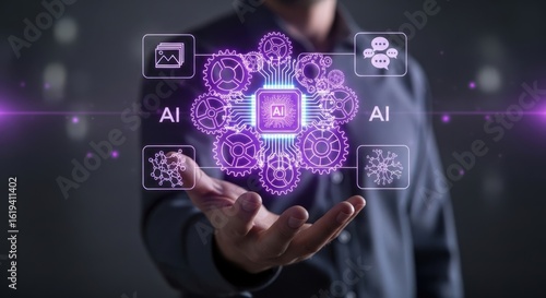 Person holding a glowing artificial intelligence network with digital icons