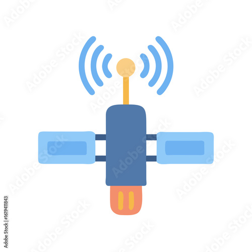 Flat design satellite icon orbiting on black background graphic