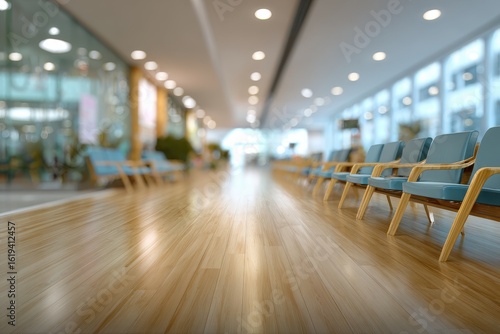 Wallpaper Mural Modern clinic hallway with light wood floor and teal chairs Torontodigital.ca