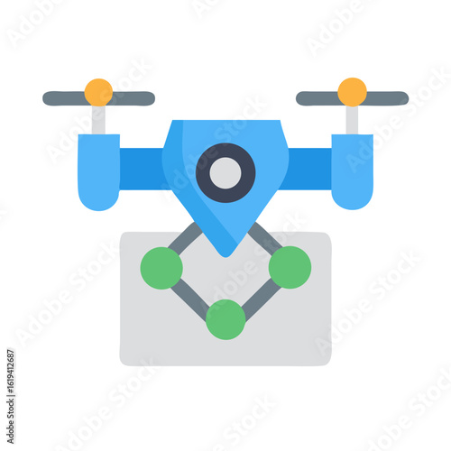 Blue drone carrying network diagram in flat vector style