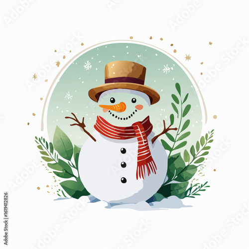 A smiling snowman wearing a scarf and hat in a snowy scene, illustrated in a charming watercolor vector style.
