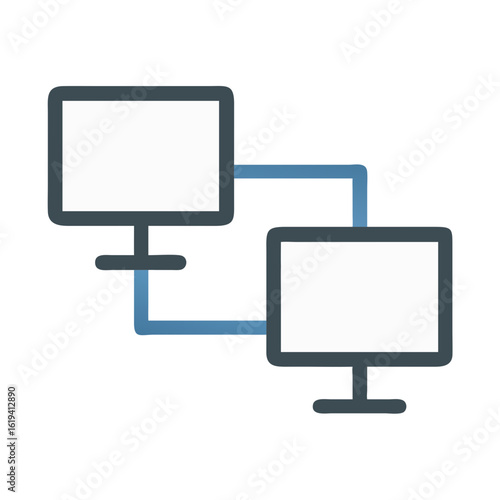 Two computers connected by a blue network connection line
