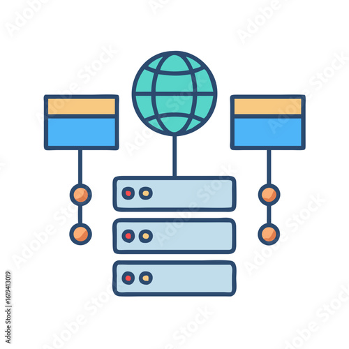 Stylized network server illustration connecting cloud and databases