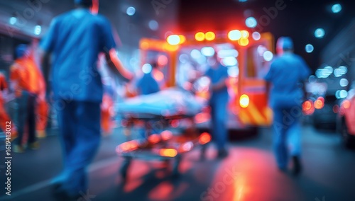 Blurred medical personnel rushing with stretcher towards ambulance