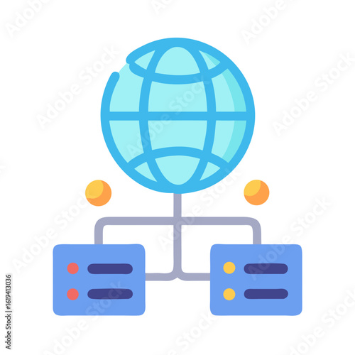 Connected network servers with globe icon flat illustration design